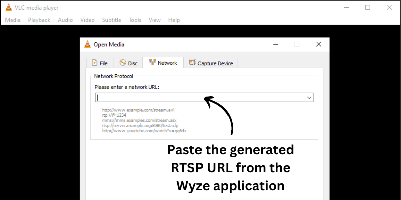 Paste the generated RTSP URL from the Wyze application in VLC media player
