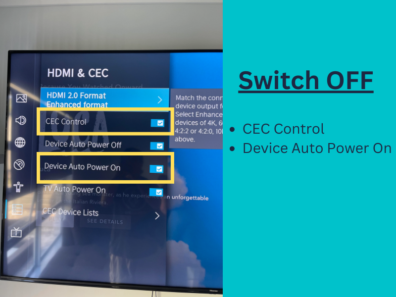 Switch off the CEC control and Device power on