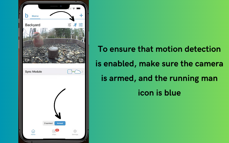 Motion Detection Enabled: Armed Camera with Blue Running Man Icon