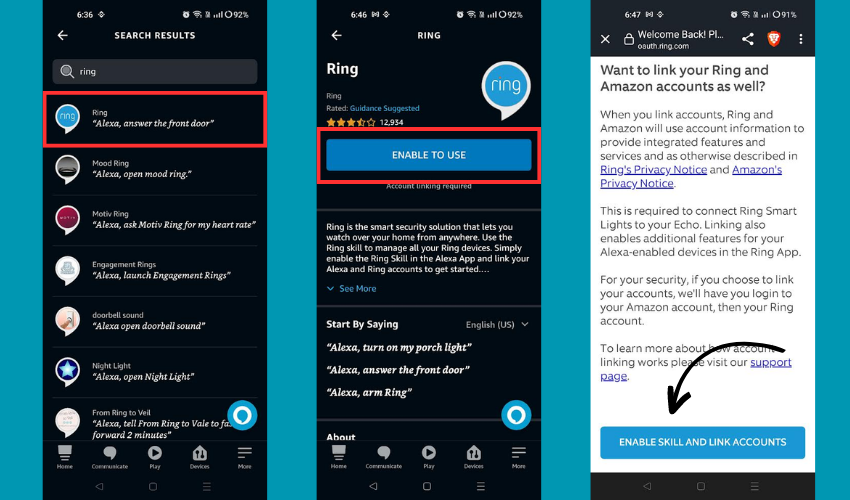 Search for ring, enable it and enter credentials on the Alexa app