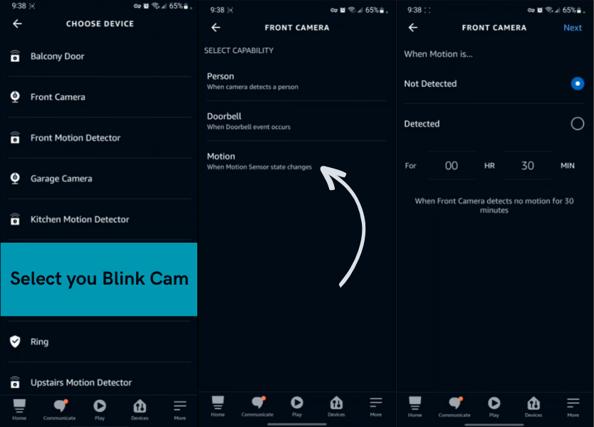 Selecting motion in Alexa app