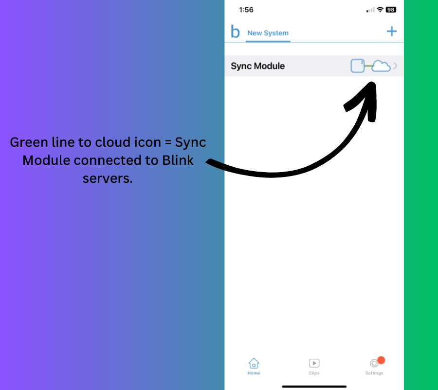 Green line to cloud icon = Sync Module connected to Blink servers.