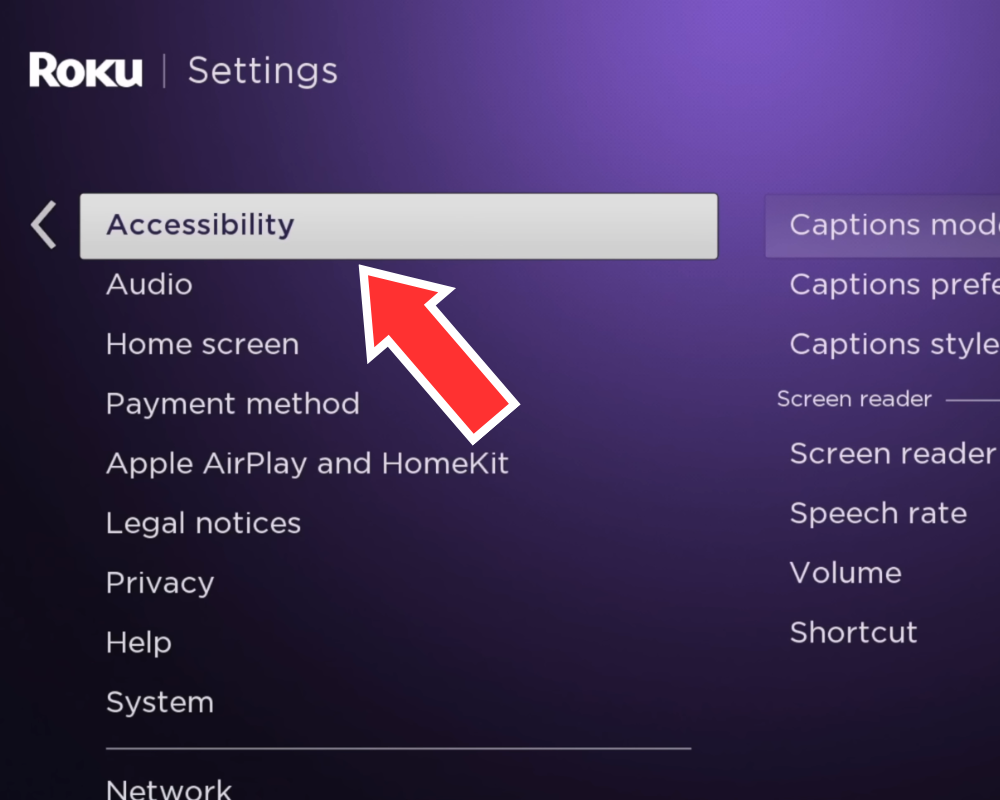 Go to "Accessibility" and press "Ok" on the remote control.
