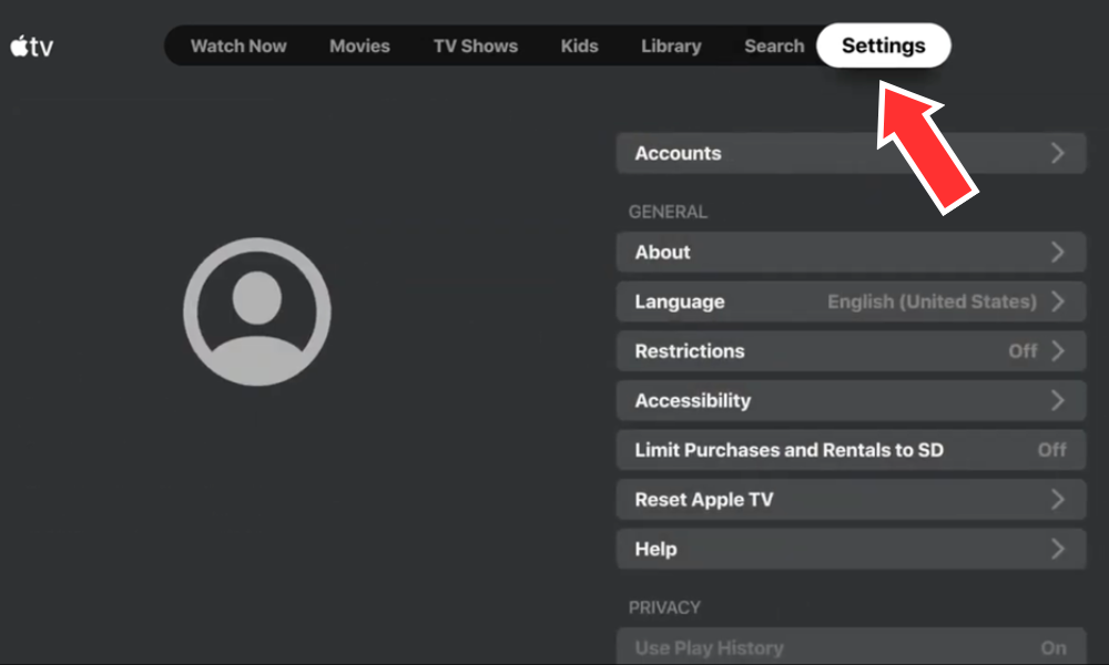 Go to the Apple TV home screen and select "Settings" from the top menu.