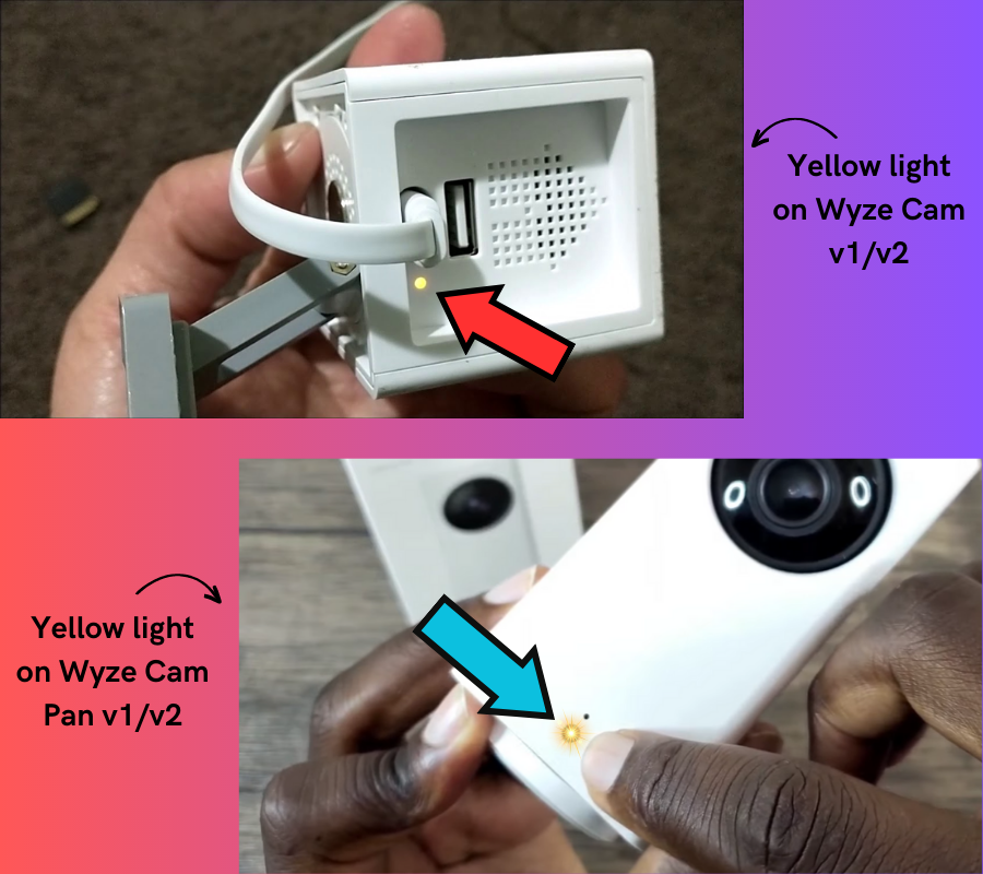 Solid yellow light indicating that the factory reset has been initiated on the Wyze Cam v1/v2 or Pan v1/v2