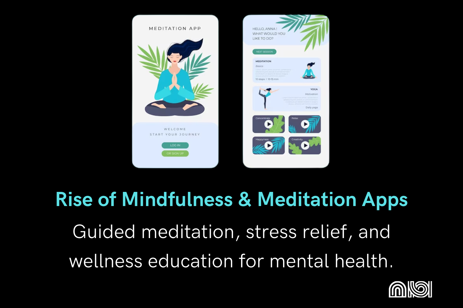Illustration of people using mindfulness and meditation apps for mental wellness and relaxation.