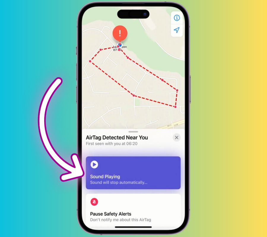 View the map with a "Red dotted route" to track your travel history when the AirTag was with you. Simply tap "Play Sound" to make the AirTag beep loudly.