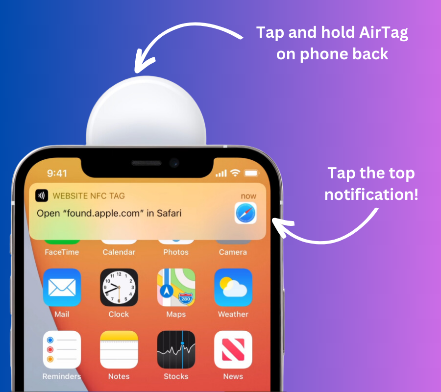 Tap and hold AirTag on phone back. Tap the top notification!