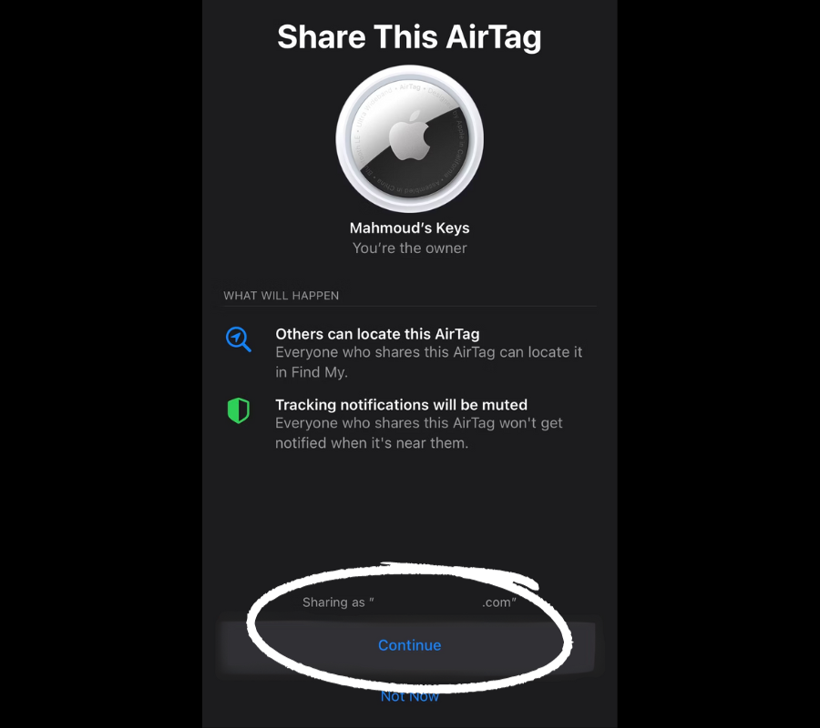 Tap on the continue button to share the airtag