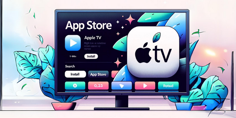 Illustration of a TV screen: The screen prominently showcases the "App Store". Within the App Store interface, the search result displays "Apple TV". Right next to the Apple TV app icon, a distinct 'Install' button is evident.

