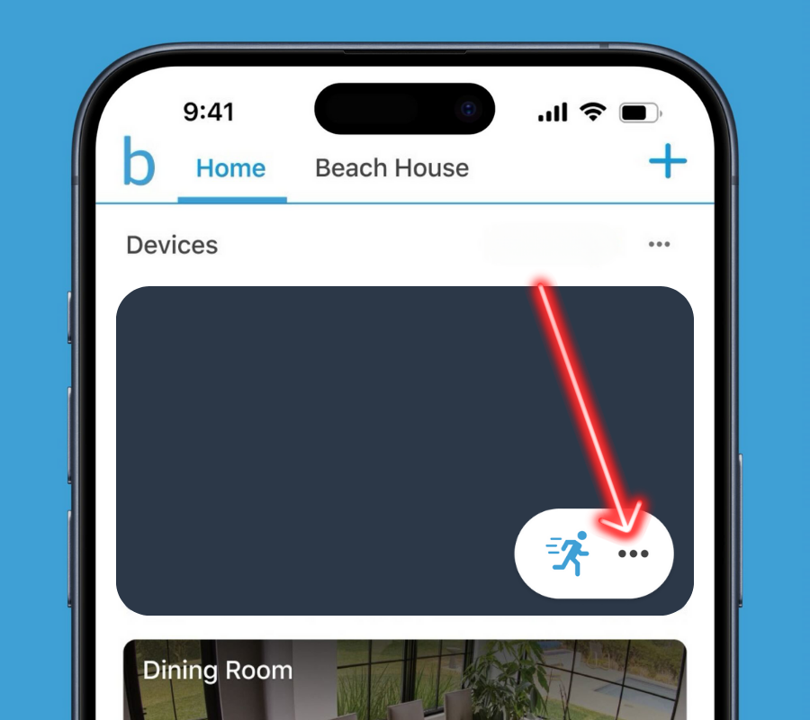 Open the Blink app on your phone and press the settings toggle button (three dots icon) on the camera tile you just reset.