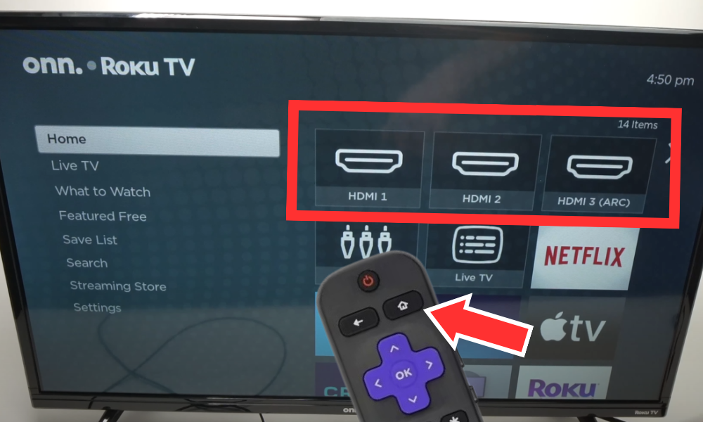 Select the appropriate HDMI input (e.g., HDMI1, HDMI2) corresponding to your device using the Onn TV remote control.